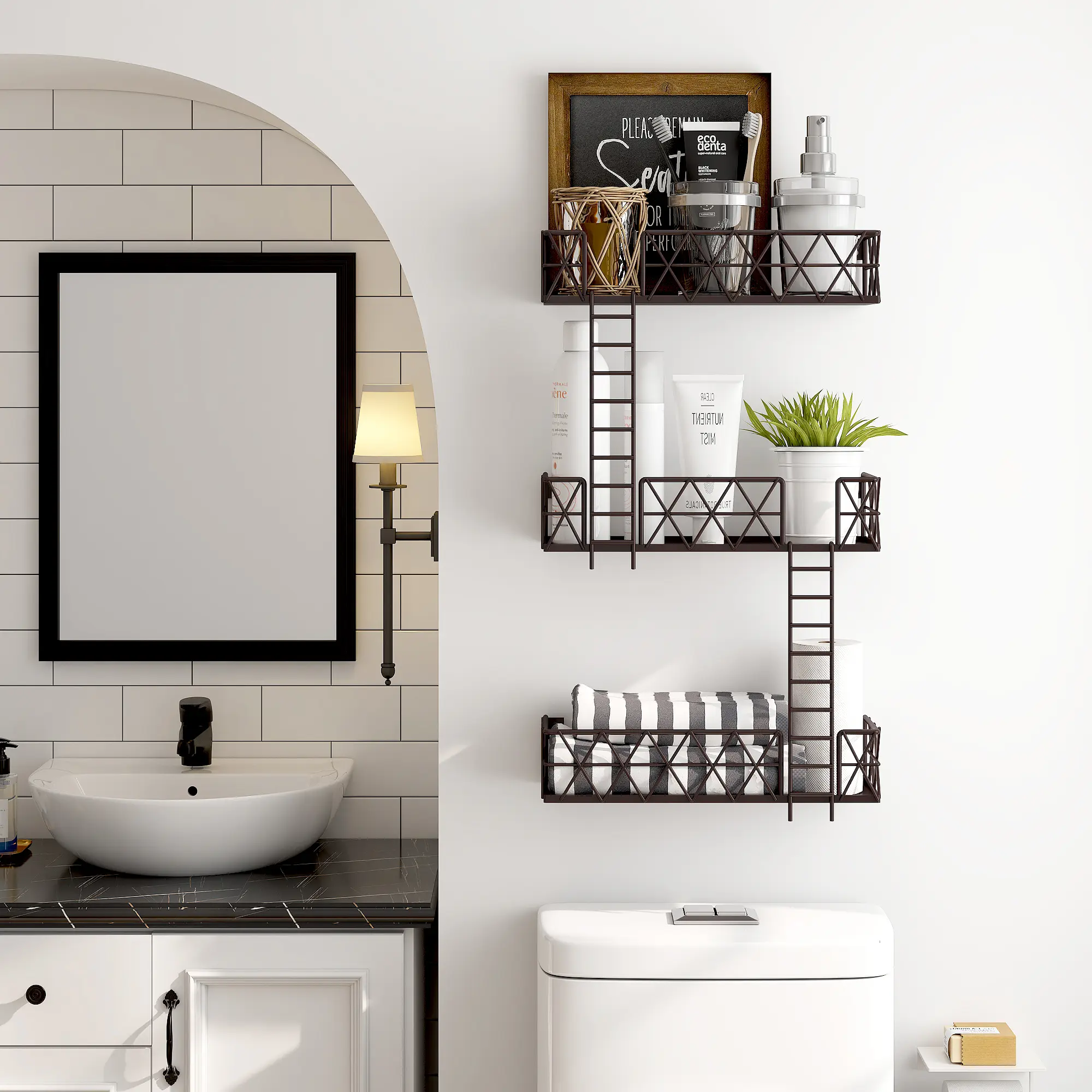 Fire Escape Wall Shelf - 3-Tier Fire Escape Ladder Wall Shelf 16.5’’ Long, New York Metal Decorative Shelf for Action Figure Display, Coffee Color Floating Wall Shelves for Bedroom, Home Décor.
