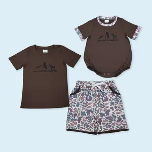 Hunting season deer dog top matching camouflage shorts kids boy outfits
