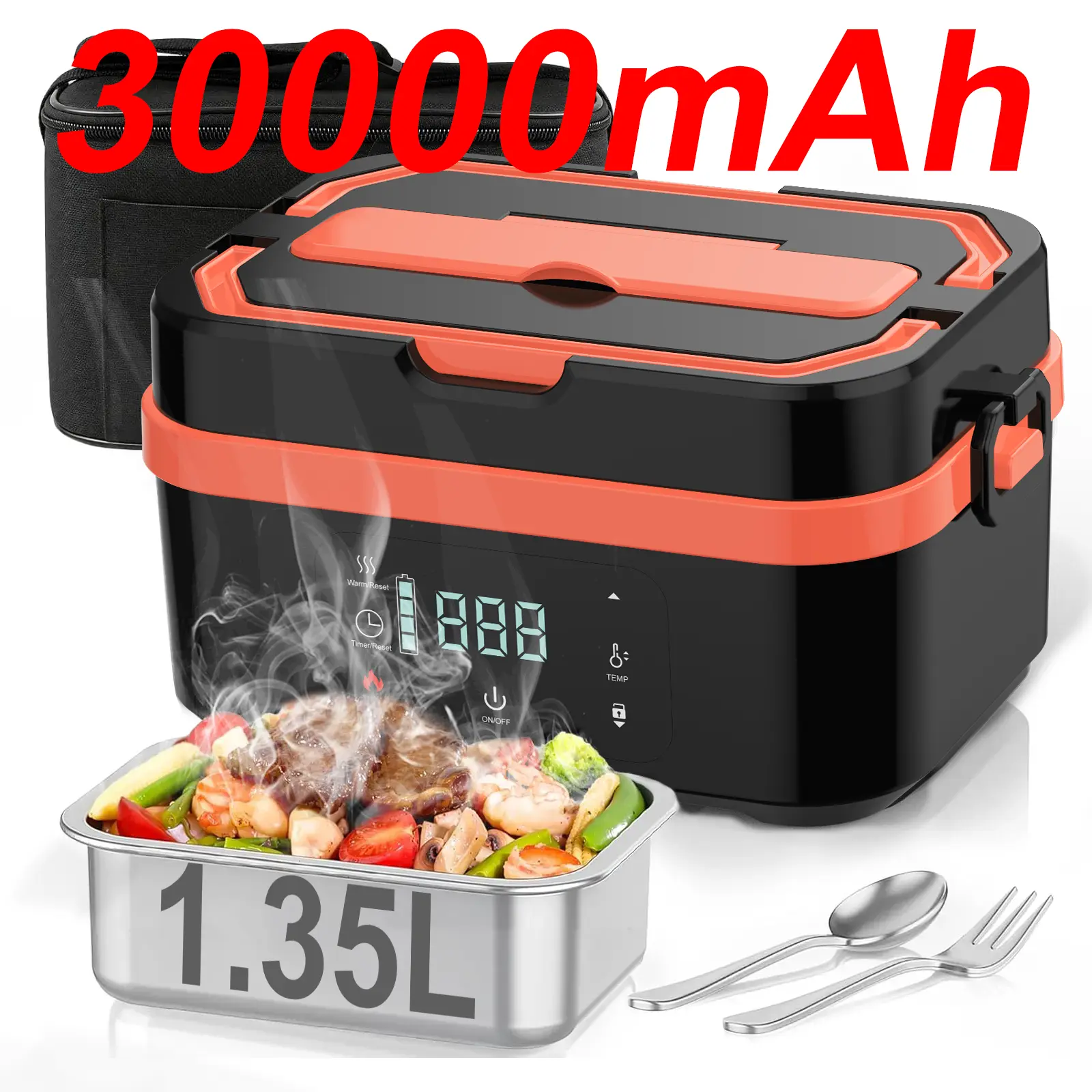 Cordless Heated Insulated Lunch Box for Adults, 30000mAh Rechargeable Silicone-Stainless Steel Leak-Proof 1.35L Auto-Heated Food Container Lunch Boxes for Work, Outdoor (Black-Orange): Home & Kitchen