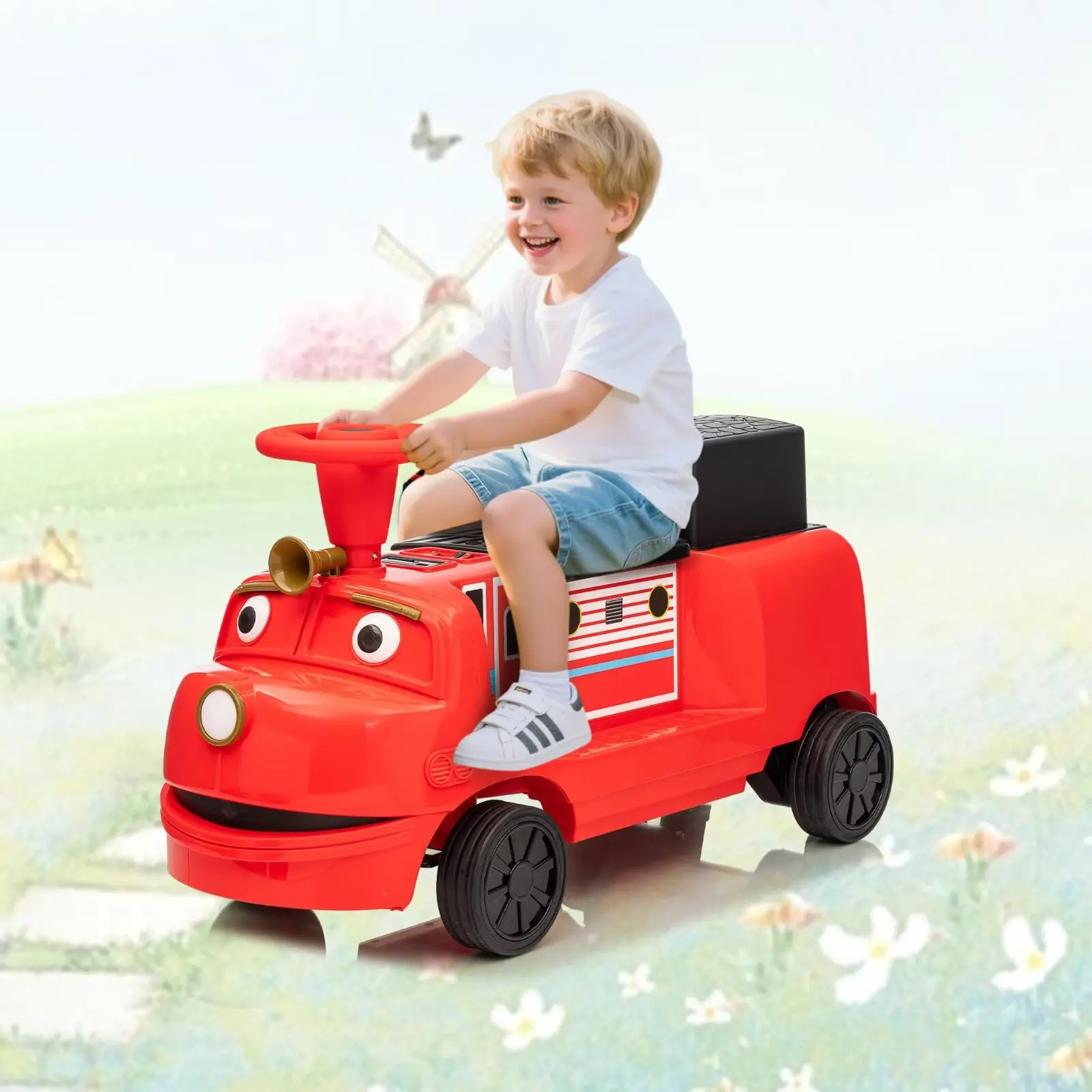 12V 2Seater Kids Train Adjustable Seat Storage Music 2Speed Electric Car for Ages 3+ Red