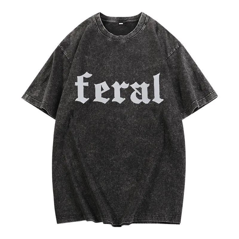 Wild English Letters + Heavy Tie-Dyeing Technique, Retro Washed Top, Oversized Vintage washed cotton T-shirt  Women, Casual Street Fashion, Suitable for Daily Wear