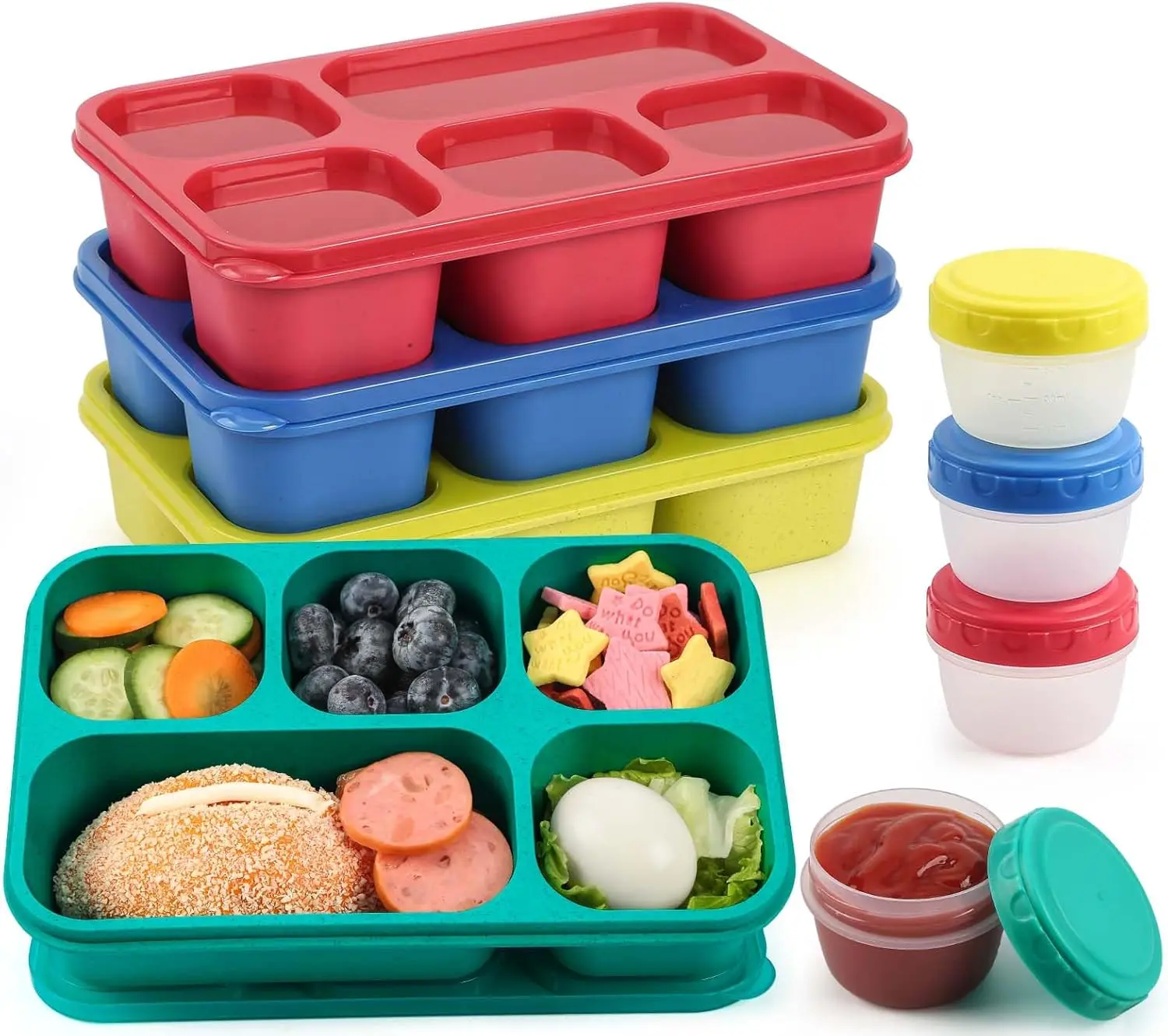 Large Bento Lunch Boxes for Adults &  - 5 Compartment Lunchable Snack Box Containers, Built-in 4 Leak-Proof Dipping Sauce Cups,   Storage Containers, 4-Pack (Jewel Brights)