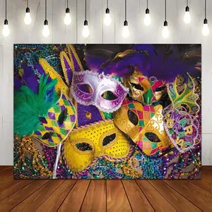 7x5ft Venetian Mardi Gras Decoration Backdrop Carnival Masquerade Photography Backgrounds Mask Colorful Backdrop Party Decoration Banner Studio Props 128