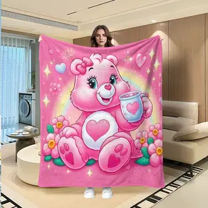 Heart Rainbow Bear Flannel Blanket, Sweet Cute Daily Warmth Throw, Creative Digital Print, Valentine's Day Gift, Multi-Purpose Outdoor, Cozy Throw Blanket, Soft Comfy Blanket