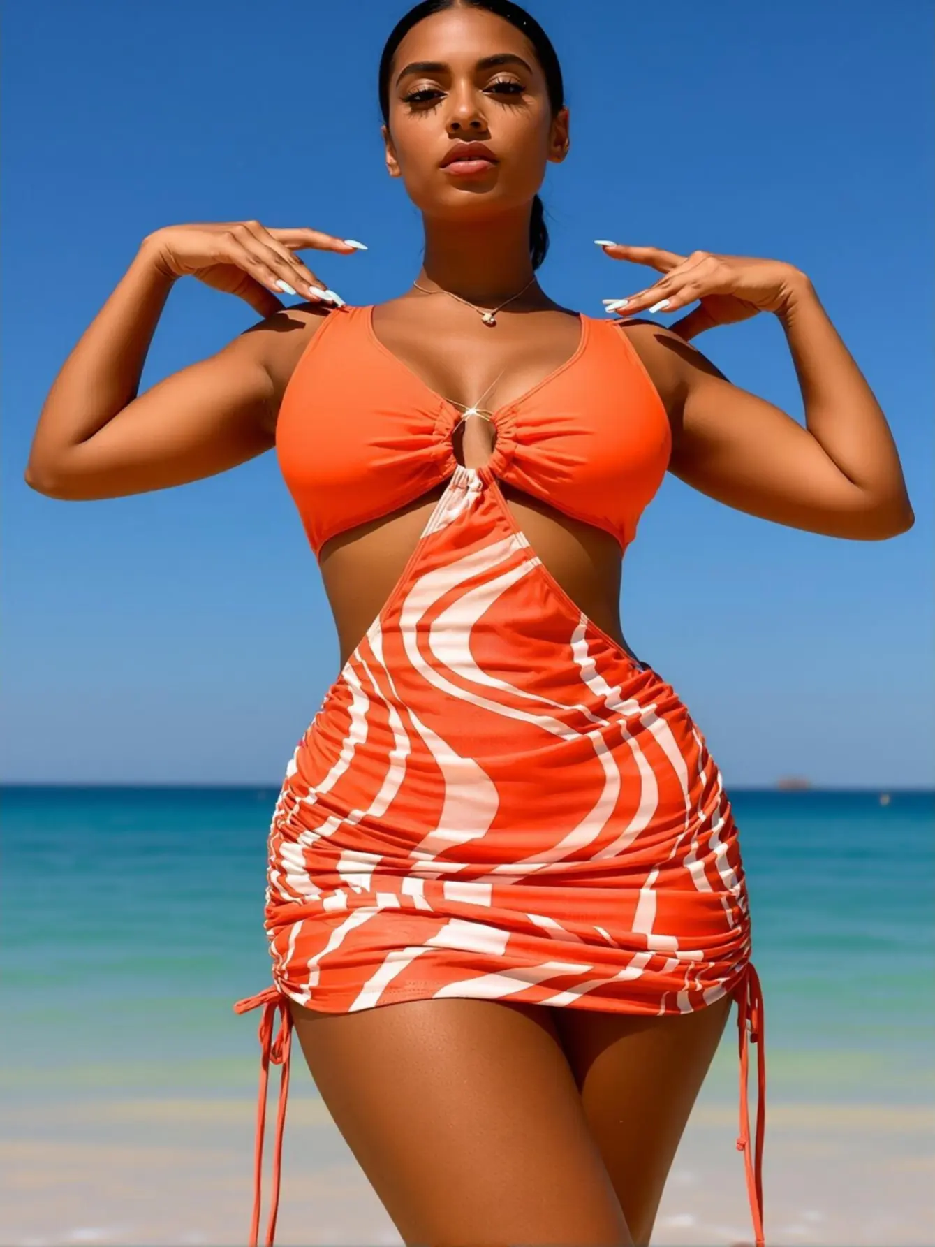 Women's Trending Swimsuits Y2K Orange-White Striped 1-Piece Bathing Suit - Side Ruching, Tie, Cut-Out Design for Beach Vacations, Pool Parties