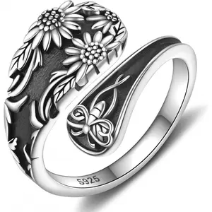 Sterling Silver Sunflower Spoon Ring for Women, Vintage Adjustable Boho Flower Wide Thumb Ring
