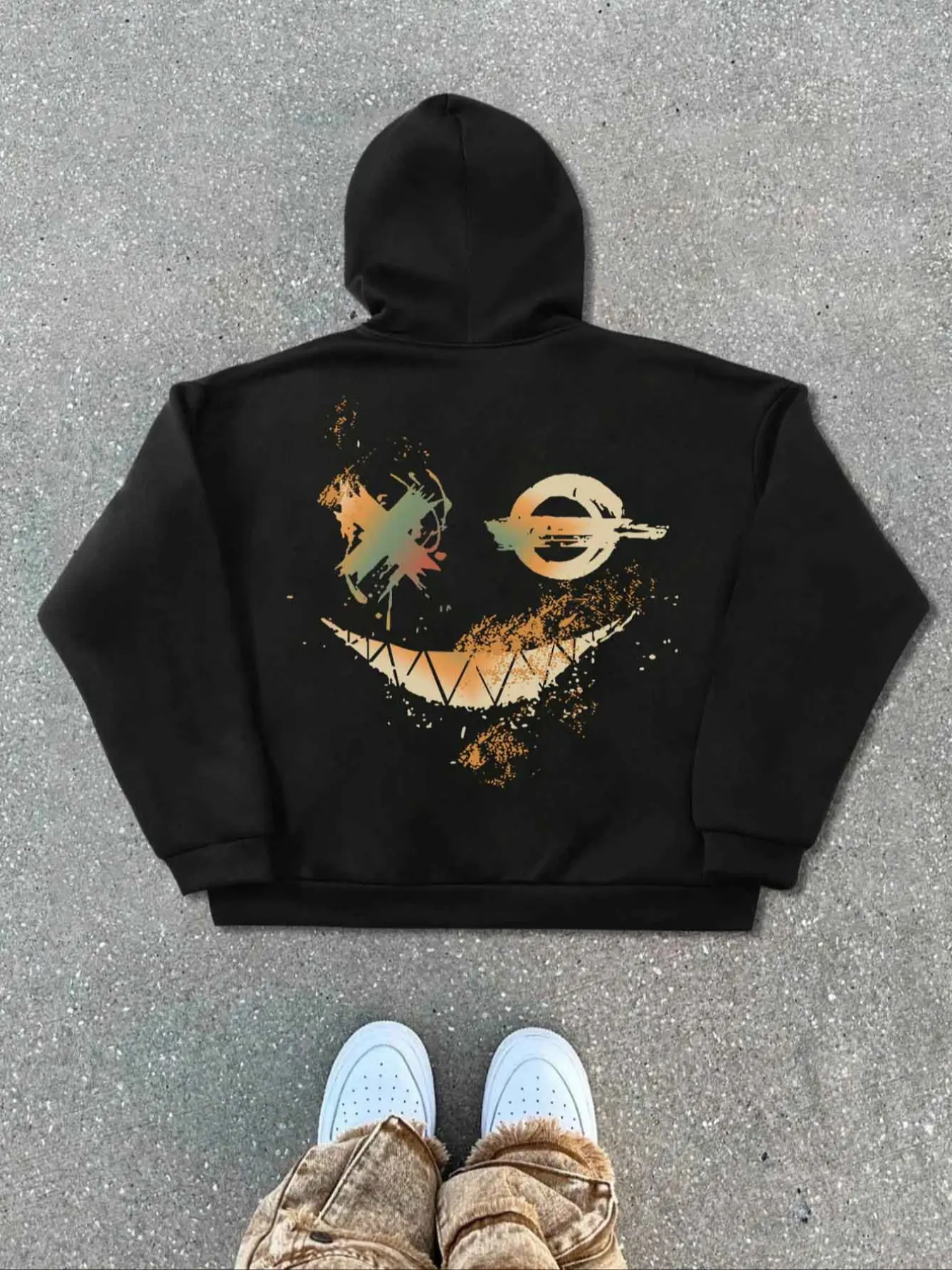 Men's Zipper Graphic Hoodie Sweatshirt with Smiley Face Print, Vintage American Street Style, Loose Fit, All Seasons, Versatile Fashion Piece