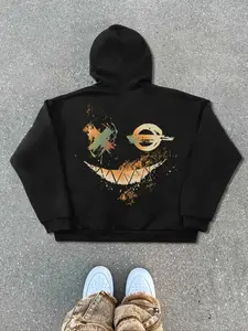 Men's Zipper Graphic Hoodie Sweatshirt with Smiley Face Print, Vintage American Street Style, Loose Fit, All Seasons, Versatile Fashion Piece