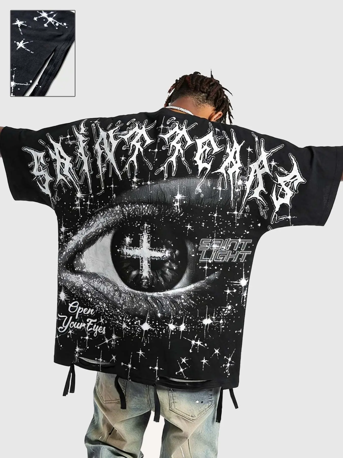 Spring Summer Casual Fashion Trendy Streetwear Street Style Menswear Men's Saint Light Eye Print Cut Short Sleeve T-Shirt Top, Baggy Oversized Loose-Fitting Long Clothing