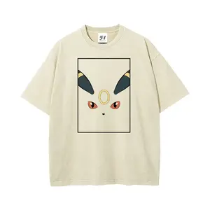 Pocket Monsters Umbreon Minimal Face Frame Graphic Washed T-Shirt, Vintage Distressed Oversized Loose Fit Anime Cartoon Casual Streetwear Unisex Cool Hip Hop Aesthetic Trendy Tee