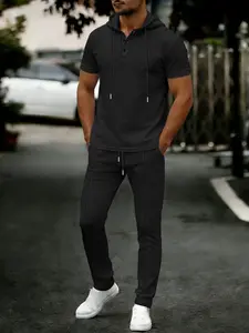 Men's Spring Summer Two-Piece Set, Casual Drawstring Waist Pants & Waffle Texture Muscle Show Hoodie Shirt, Elastic Jogging Suit