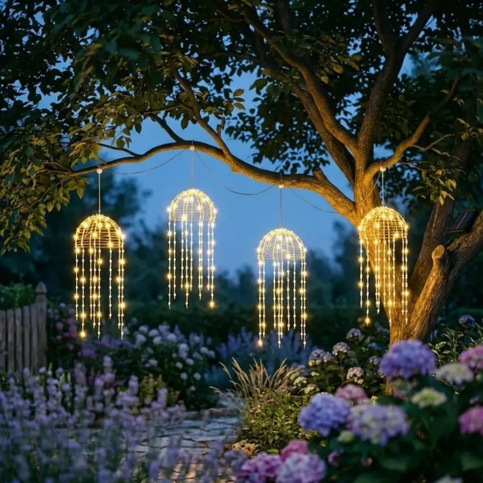 4-Pack Solar Jellyfish Hanging Lights, Outdoor Waterproof Color Changing LED Globe String Lights with Flowing Tentacles, Garden Decor for Tree Branch, Patio, Party Lighting