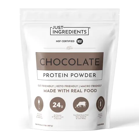 Just Ingredients Chocolate Protein Powder - 30 Servings - Supports Muscle Recovery & Energy* - Grass-Fed Whey & Organic Plant Proteins - 24g of Protein Per Serving - Gluten-Free - Made with Real Food - No Added Sugar