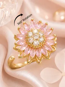 Diamond Rotating Sunflower Ring, Elegant Ethnic Pattern Jewelry, Alloy Chain Material, All Seasons Accessory, No Choking Hazard Warning, Elegant Fashion Rings