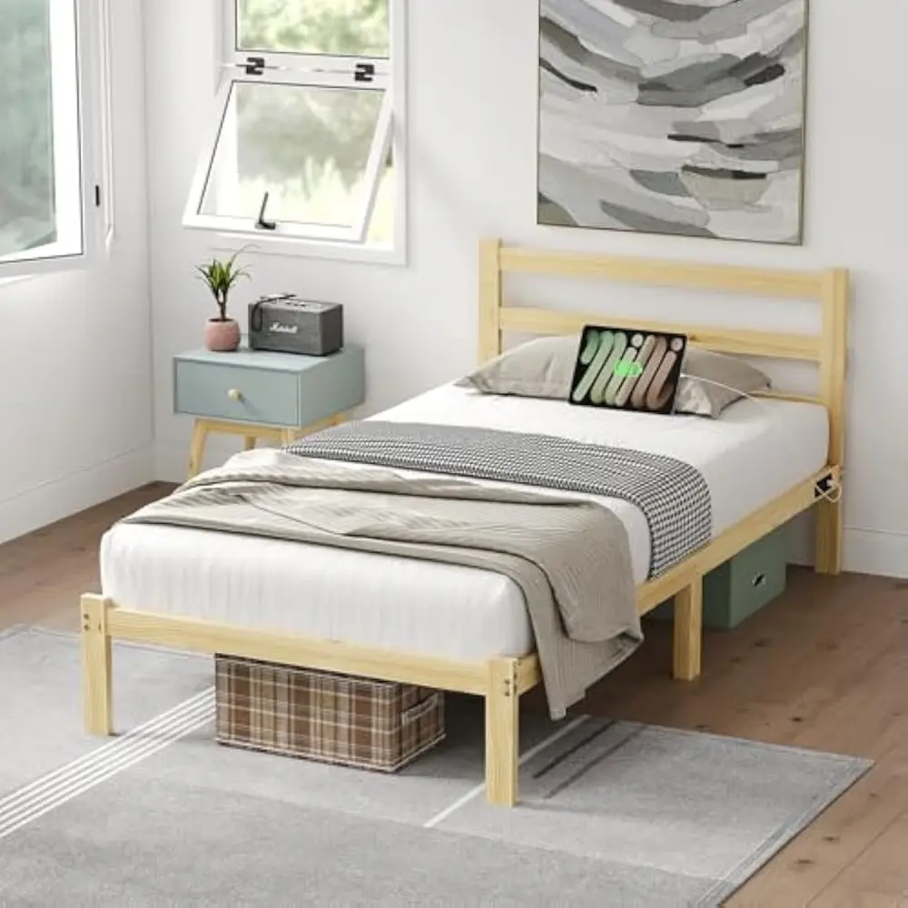 Wooden Twin Size Bed Frame with Headboard, Wood Platform Bed Frame with Charging Station, Solid Wood Slat Support, 8.6 Inch Space Underneath, No Box Spring Needed, Easy Assembly