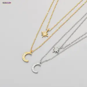 Layered Star Moon Necklace for Women Crystal Choker Necklace Aesthetic Minimalist Jewelry Cute Double Layer Necklace Gift for Her Daily Wear Party
