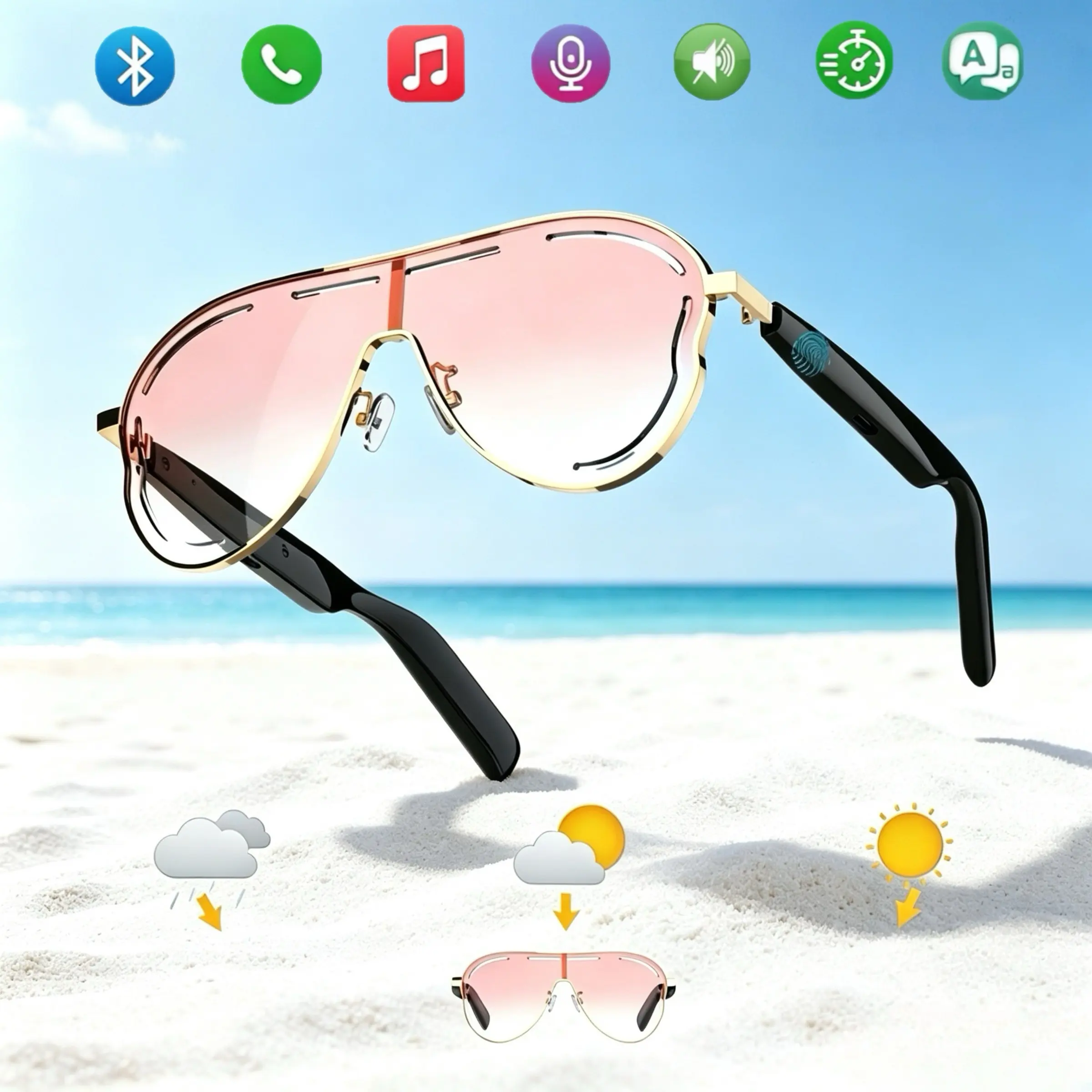 AI Bluetooth smart glasses, Wearable Tech Glasses, Multifunctional audio sunglasses, supports multi-language translation apps, in ear automatic detection switch, sun protection sunglasses, sweat proof, suitable for travel, navigation, business