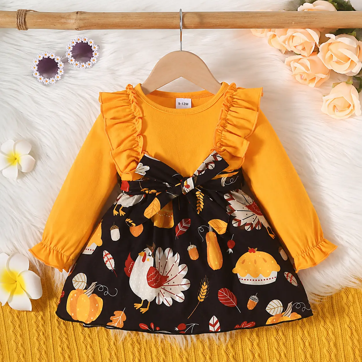 Baby Girl Long Sleeve Dress Newborn Thanksgiving Turkey Print Mini Dress Autumn Round Neck A line Princess Dress