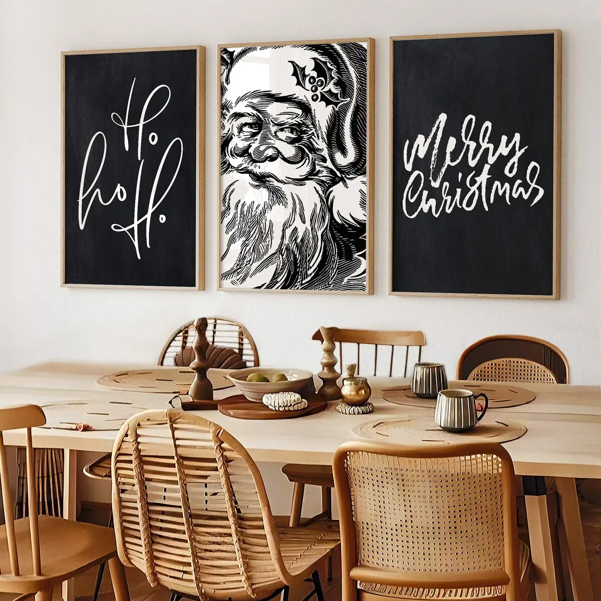 Black Christmas Wall Art, 3 piece Set, Vintage Santa Print, Black Christmas Decor, Winter Prints, Winter Printable, Christmas Unframed