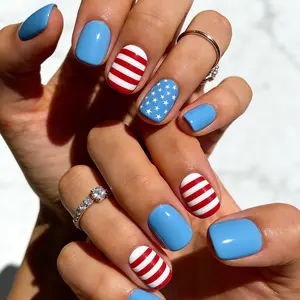 American Patriotic False Nails, Star & Stripes Design, Reusable Short Square Nail Tips, 24 Pieces Wearable Manicure Set