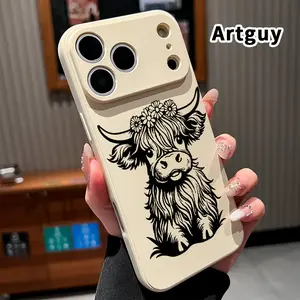 Straight Edge Phone Case for iPhone 17 16 Pro Max 15 Plus 14 13 12 11 Air XR E XS Flower - crowned Highland Cow Pattern Shockproof Silicone TPU Bumper Drop Protection Soft Cover
