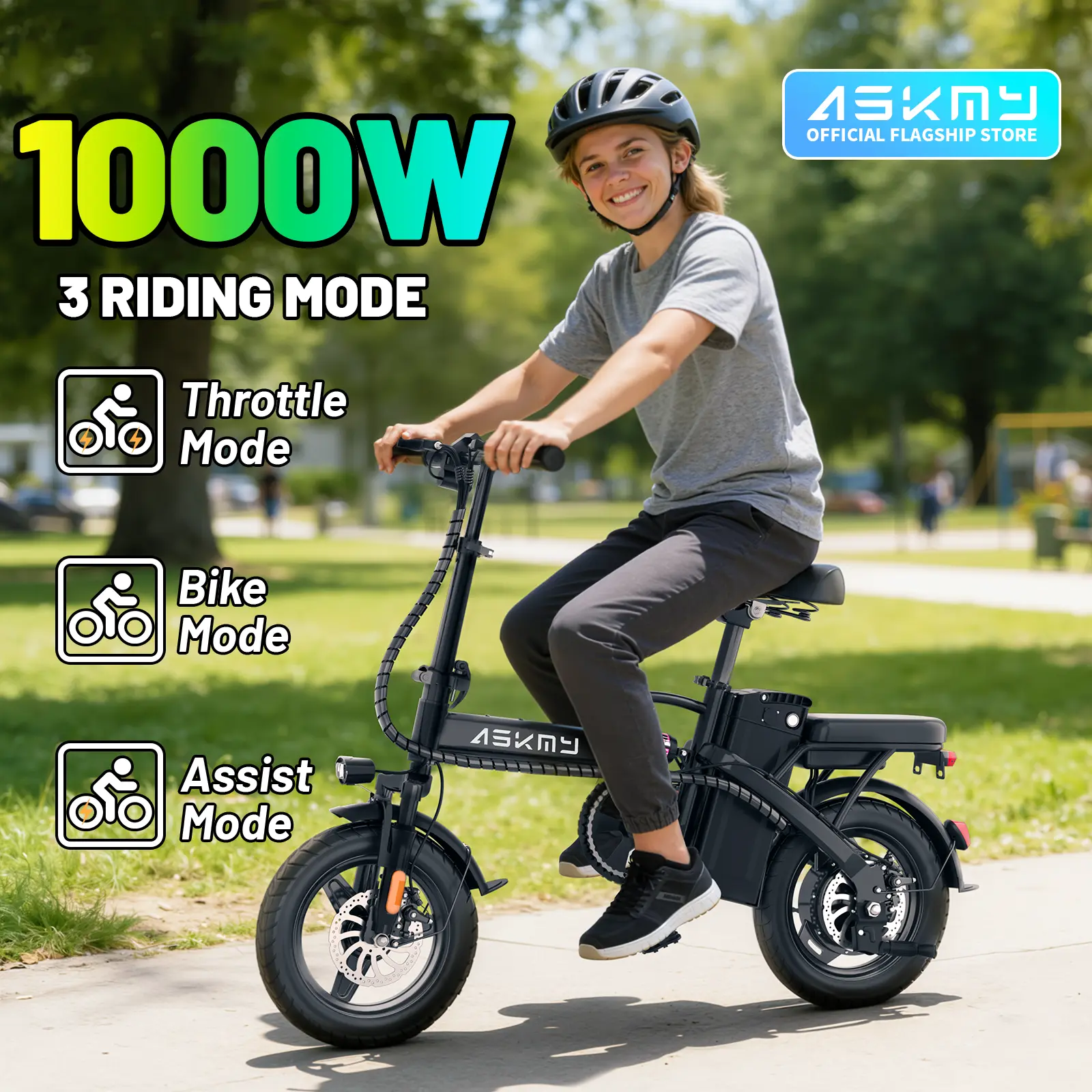 ASKMY E14 Compact Folding E-Bike, 750W–1000W Peak Power, 45 Miles Long Range | 14" Urban Tires | Dual Disc Brakes | Portable UL Certified Electric Bike
