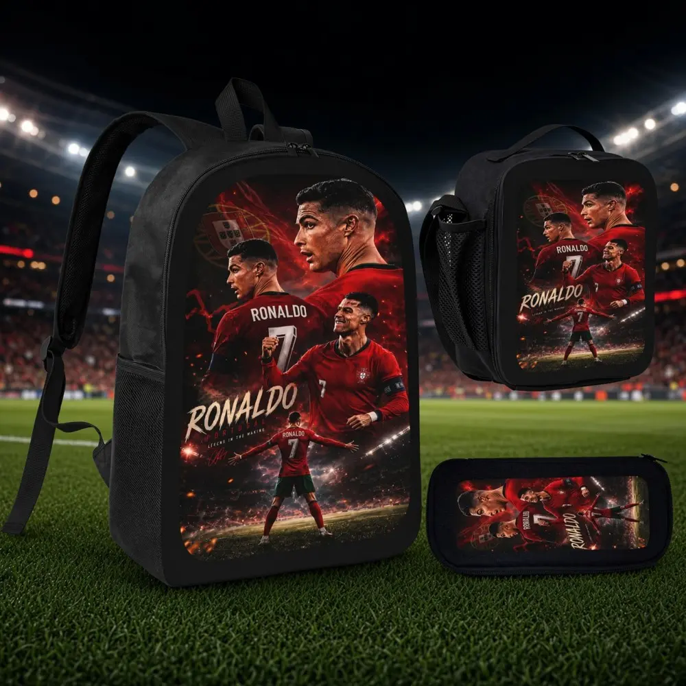 Cristiano Ronaldo 3-Piece Backpack Set, 17in Teen Student Oxford Rucksack with Lunch Bag & Pencil Case, Portugal Soccer Star Collage Print, Sports-Themed Gift for Football Enthusiasts