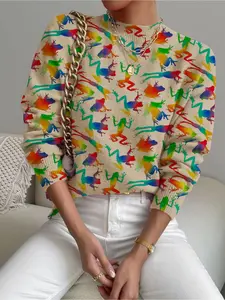 Women's Colorful Gradient Frog Print Stand Collar Sweater, Casual Long Sleeve Knitwear for Fall Winter, Comfortable Warm Daily Wear
