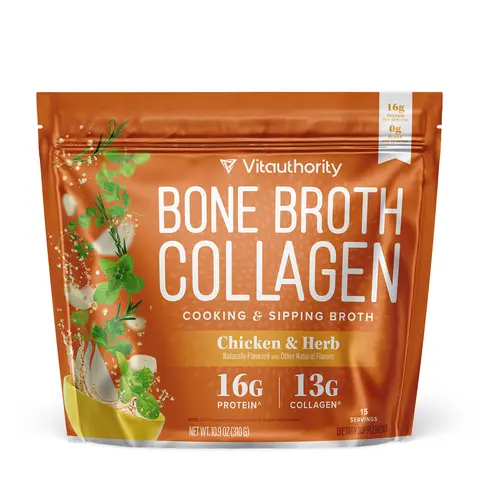 Vitauthority Bone Broth Collagen Supplement Delicious Chicken and Herb Flavored - 16g Protein & Types I II III - Nourishes Skin Hair Nails Joints Gut - Easy Preparation High Performance - 15 Servings - Fitness