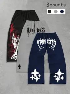 Men's Casual Loose-Fit Long Pants, Angel & Cross Pattern Print, Drawstring Wide Leg Sweatpants, All-Season Comfortable Men's Clothing