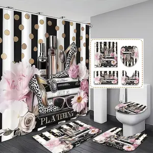 Women's Floral Print Bathroom Set, Includes Shower Curtain & Toilet Seat Cover, U-Shaped Pad, Home Decor Essentials, Christmas Gift, Shower Curtain Sets