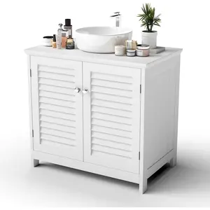 Pedestal Sink Storage Cabinet, 23" Modern White Bathroom Vanity with Louvered Doors & Adjustable Shelf, European Style Pedestal Cabinet for Bathroom Storage
