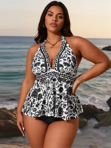 Plus Size 2-Piece Tankini Dress Set Swimsuit, Halter V-Neck Peplum, Boho Style, Full Coverage, Curvy Sizes, Fancy Bathing Suit, Tankini Sets, Swimsuits,summervibes