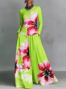 Women's Lemon Floral Print Long Sleeve Top and Wide Leg Pants 2 Piece Set, Stylish Casual for Everyday Wear