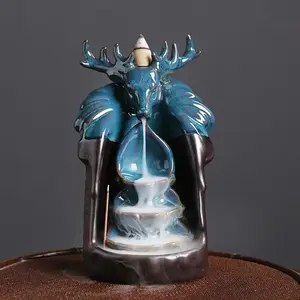 1pc,Blue Lucky Deer Ceramic Ornament Handmade Waterfall Backflow Incense Burner Home Office Tea House Decor (Without Incense)