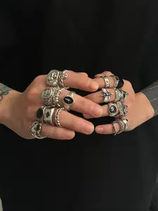 Men's Fashion Hip Hop Street Style Stackable Dark Aesthetic Rings Set, 24 Pcs Unique Punk Party Accessories, Elegant Letter Oil Drip Design