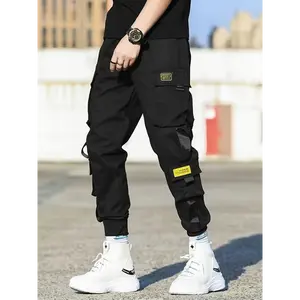 Polyester Solid Color Cropped Joggers - 1pc Youth Casual Cargo Pants - Non-Stretch Skinny Fit, Multiple Pockets, Drawstring Waist, Belt Detail, for All-Season Wear, Weekend Casual