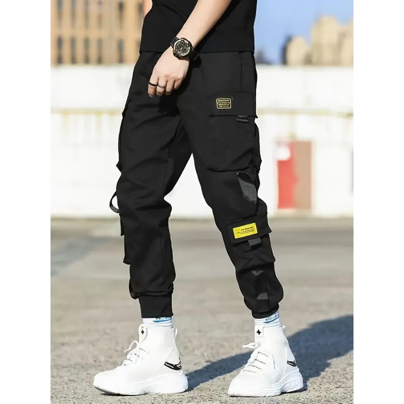 Polyester Solid Color Cropped Joggers - 1pc Youth Casual Cargo Pants - Non-Stretch Skinny Fit, Multiple Pockets, Drawstring Waist, Belt Detail, for All-Season Wear, Weekend Casual