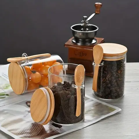 1 Set 540ml Clear Glass Storage Jar with Spoon, Round Dry Food Storage Container with Lid, Spice Jar for Home Kitchen, Coffee Canister, Glass Kitchen Canisters, Containers with lids