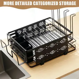 KUAOOAUKCEYAZYE Retractable Kitchen Countertop Dish Drying Rack, Small Dish Rack with Drying Tray, Double-Layer Dish Drying Rack, Stainless Steel Plate Drying Rack, Black Dish Rack