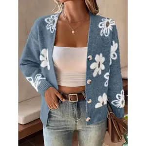 Women’s floral pattern button-front knit cardigan, chic elegant drop-shoulder long-sleeve V-neck cardigan, cardigans for women, women’s knitwear for fall and winter