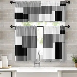 Black White Gray 36 Inch Kitchen Window Curtains Valance and Tier Set, Dark Grey Modern Geometric Rod Pocket Short Curtain for Bathroom Small Cafe Drapes for Kitchen Decor