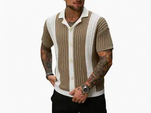 Men’s old-money style color-block openwork knit short-sleeve cardigan polo shirt—breathable and skin-friendly, retro light business style, versatile for everyday commuting and casual wear across multiple occasions. Menswear Top,summervibes