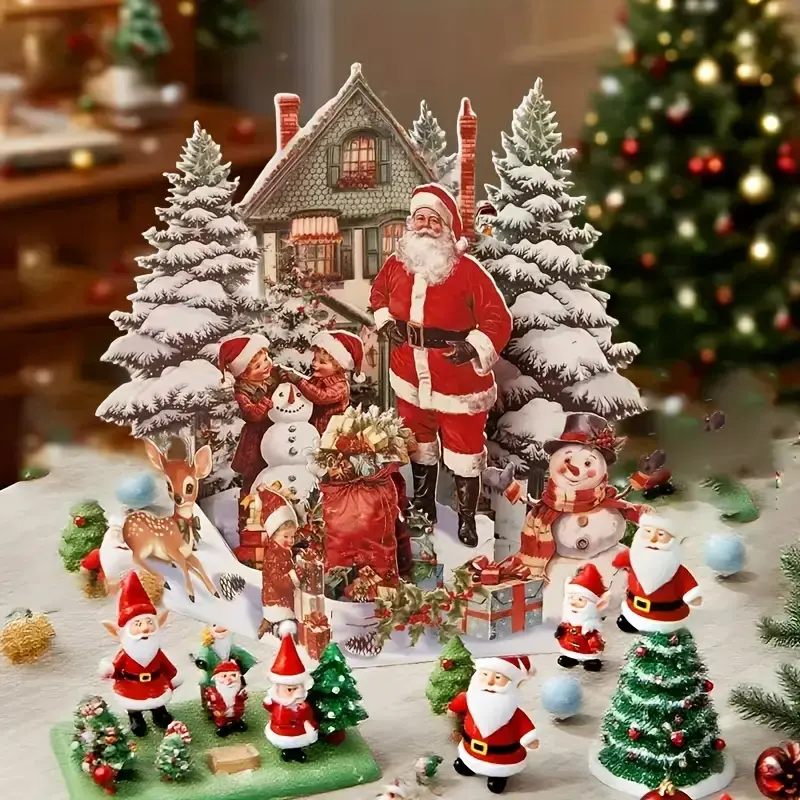 3D Pop-Up Christmas Card – Retro House Scene with Santa, Snowman & Gingerbread Figures | Lifting-Lid Paper Folding Design, Lush Trees & Snowy Winter Wonderland | Includes Envelope | Funny & Cute Holiday Greeting Card, DIY Keepsake Gift, Mini Xmas Party Fa