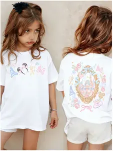 Girls Summer Castle Print T Shirt Double Sided Cartoon Graphic Tee Soft Breathable Top for Little Girls Birthday Gift Casual School Shopping Outfit
