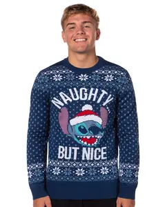 Disney Lilo And Stich Men's Naughty But Nice Ugly Christmas Holiday Knit Sweater Pullover