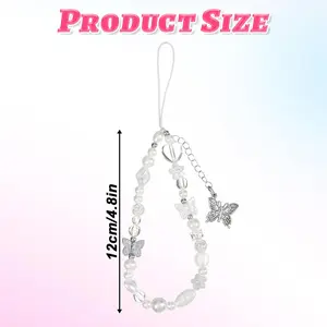 Phone Charms Strap, Silver Butterfly Phone Charm Wrist Strap, Wrist Keychain Bracelet, Camera Straps Wrists with Pearls for Women (Silver)