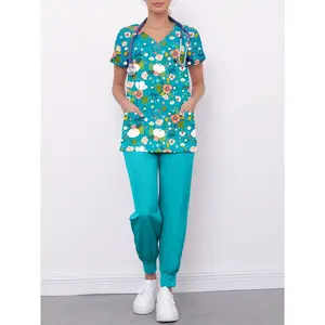Floral Print Two-piece Scrub Set, Functional V Neck Medical Scrub Top & Scrub Pants Outfits, Women's Clothing