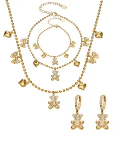 Elegant Bear Pendant Jewelry Set, Stainless Steel Earrings Bracelet Necklace Anklet, Women's Fashion Accessories