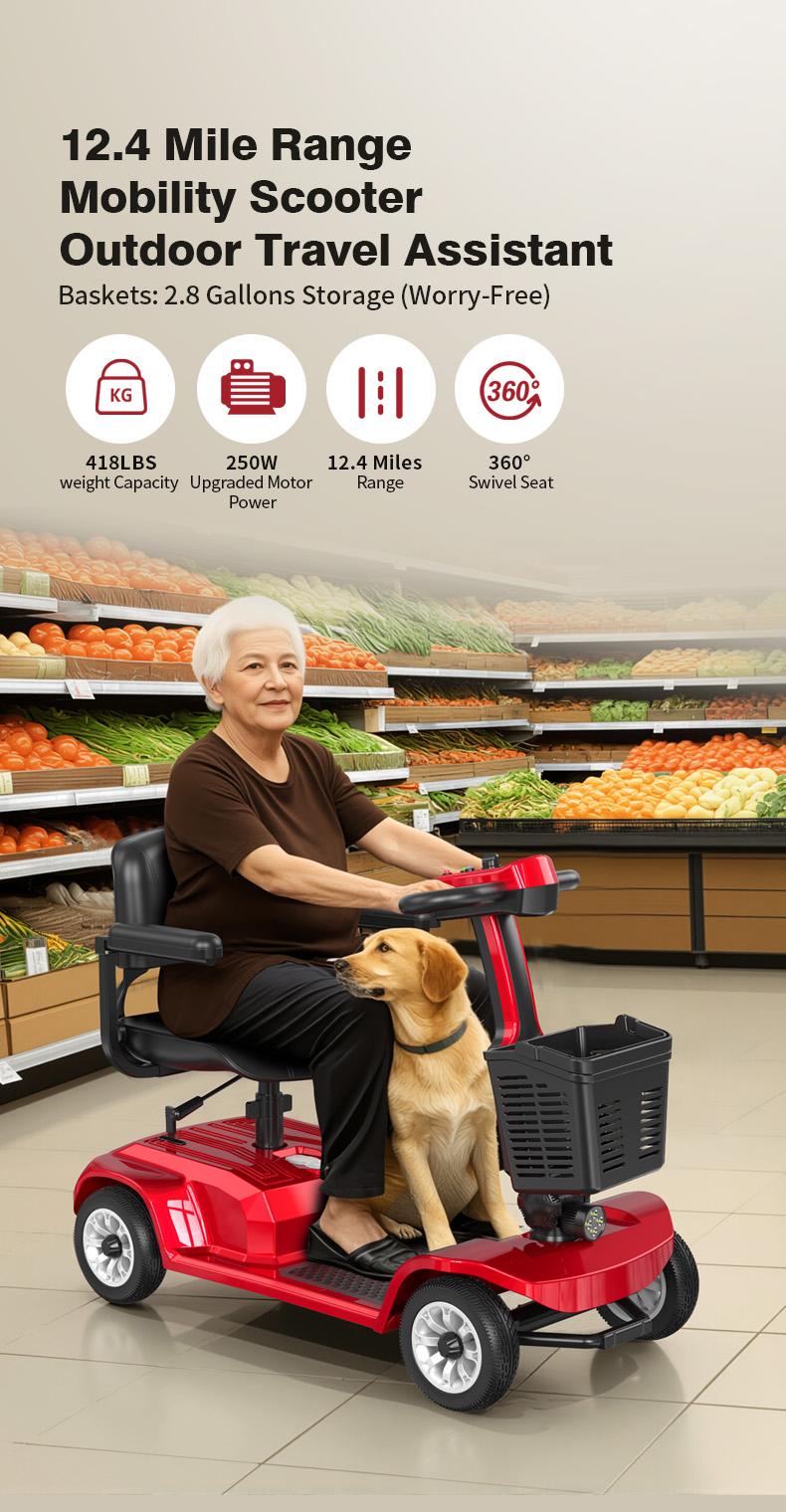 Unificare 4-Wheel Heavy-Duty Powered Mobility Scooter for Seniors, 12.4 Mi Range, 419 LBS Weight Capacity, Easy to Operate & Foldable